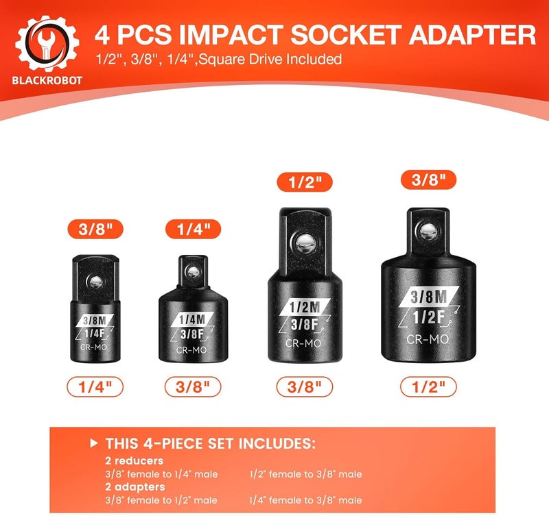 BLACKROBOT 4 Piece Impact Socket Adapter Set, 1/4" 3/8" 1/2" SAE Drive Socket Adapter Set, Square Adapter and Reducer Conversion Set for Impact Driver Wrench, Cr-Mo Steel - Image 2